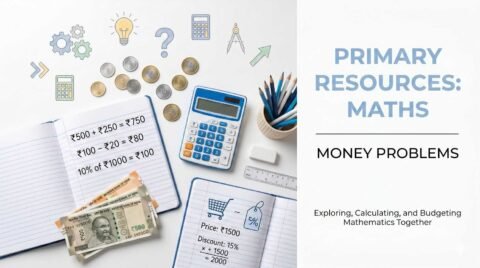 Primary resources for maths money problems with rupee calculations, equations, and calculator on a clean study desk
