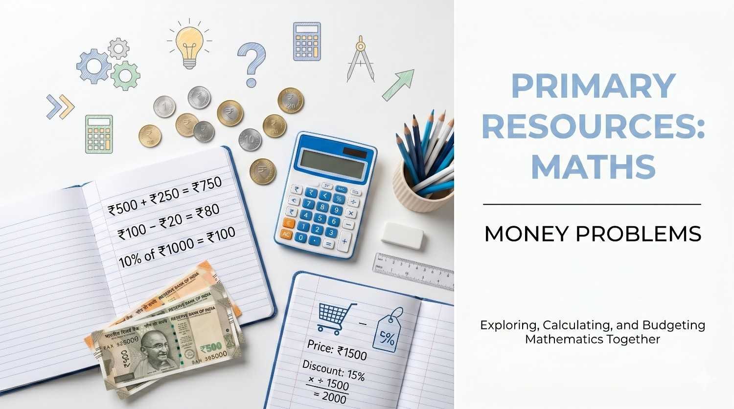 Primary resources for maths money problems with rupee calculations, equations, and calculator on a clean study desk