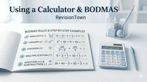 Primary resources math guide showing calculator usage and BODMAS rule steps for solving arithmetic expressions