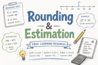Rounding and estimation math concept illustration with number line and educational visuals for students