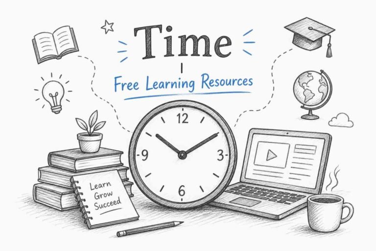 Hourglass of time pouring into free learning resources at RevisionTown study hub