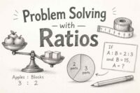 Illustration showing problem solving with ratios using charts, equations, and visual math concepts for students