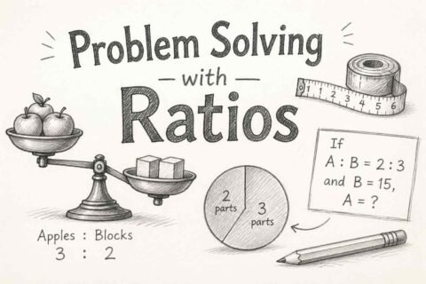 Illustration showing problem solving with ratios using charts, equations, and visual math concepts for students