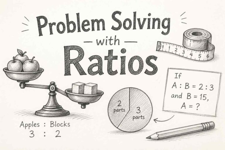 Illustration showing problem solving with ratios using charts, equations, and visual math concepts for students