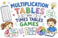 Multiplication tables learning with fun times tables games for students in a colorful educational setup