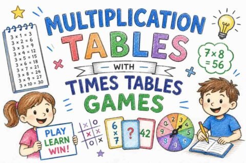 Multiplication tables learning with fun times tables games for students in a colorful educational setup