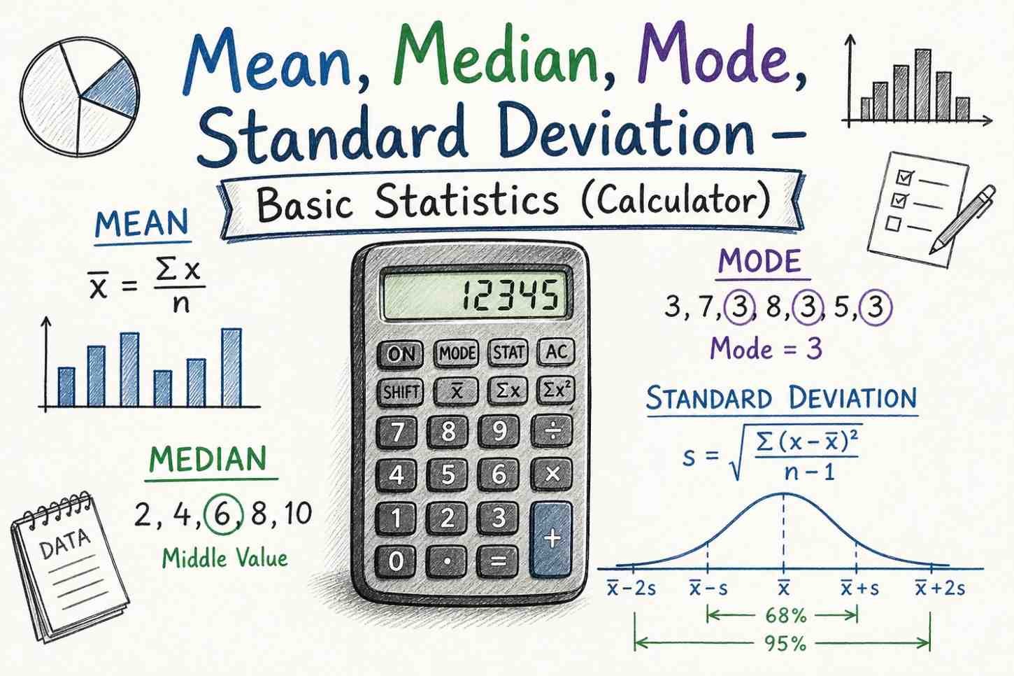 Mean Median Mode and Standard Deviation calculator concept with formulas, charts, and calculator on a clean educational background
