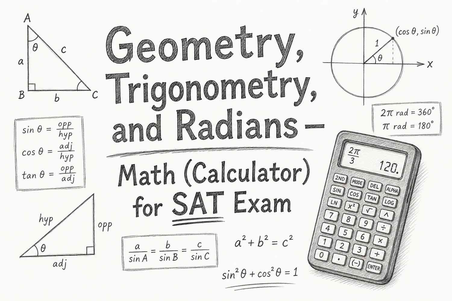 Geometry trigonometry and radians SAT math calculator concepts with formulas graphs and shapes