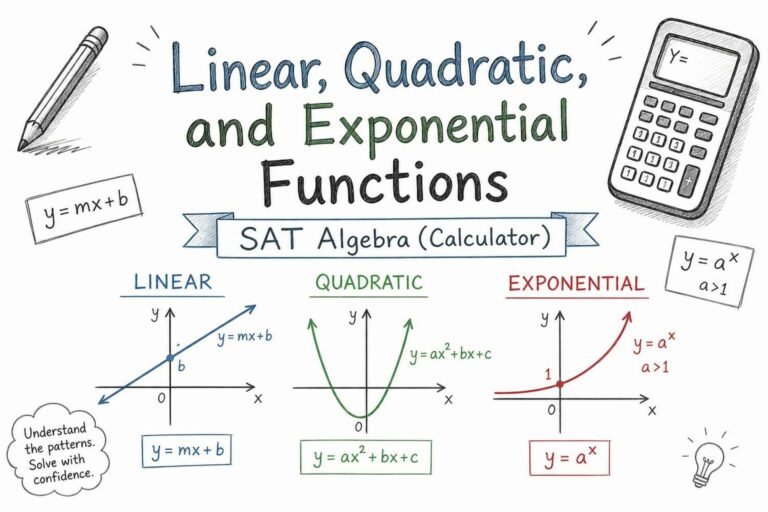 Linear quadratic and exponential functions graph comparison SAT algebra calculator section with line parabola and exponential curve