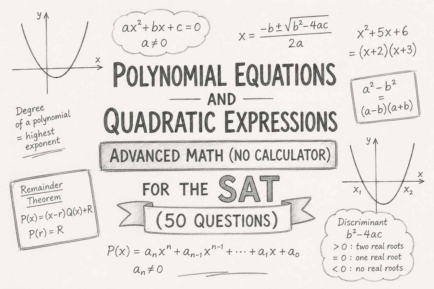 Polynomial equations and quadratic expressions SAT math no calculator practice with graphs and algebra steps