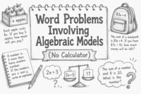 Word problems involving algebraic models solved step by step without calculator for students