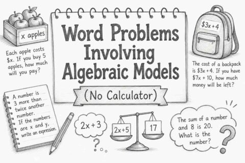 Word problems involving algebraic models solved step by step without calculator for students