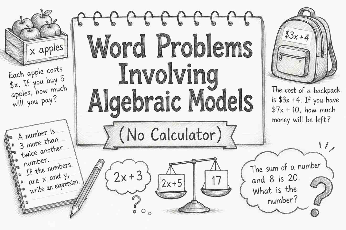 Word problems involving algebraic models solved step by step without calculator for students