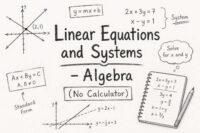 Linear equations and systems algebra no calculator concept with graphs and equations for students