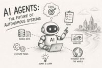 AI agents automating tasks in a futuristic autonomous system environment with digital networks and machine learning visuals
