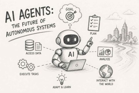 AI agents automating tasks in a futuristic autonomous system environment with digital networks and machine learning visuals