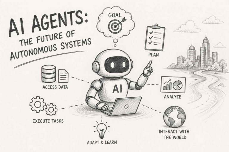 AI agents automating tasks in a futuristic autonomous system environment with digital networks and machine learning visuals
