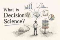 Professional illustration of decision science concepts including brain with gears, decision trees, analytics charts, and RevisionTown branding on navy gradient background