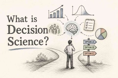 Professional illustration of decision science concepts including brain with gears, decision trees, analytics charts, and RevisionTown branding on navy gradient background