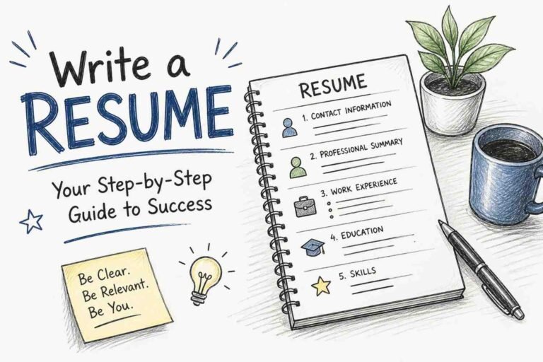 Step-by-step resume writing guide with professional resume template on laptop workspace