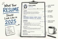 Professional 2025 resume layout displayed on laptop and desk showing modern ATS-friendly design with clean sections and minimal style