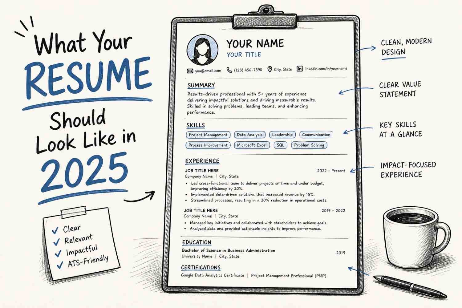 Professional 2025 resume layout displayed on laptop and desk showing modern ATS-friendly design with clean sections and minimal style