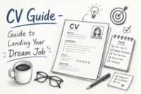 CV Guide – Guide to Landing Your Dream Job | RevisionTown – featured blog cover image showing a professional resume on a laptop with a clean desk setup
