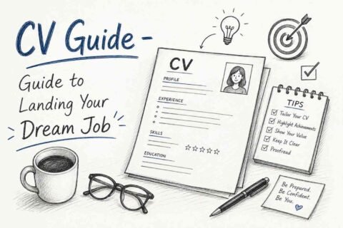 CV Guide – Guide to Landing Your Dream Job | RevisionTown – featured blog cover image showing a professional resume on a laptop with a clean desk setup
