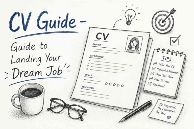 CV Guide – Guide to Landing Your Dream Job | RevisionTown – featured blog cover image showing a professional resume on a laptop with a clean desk setup
