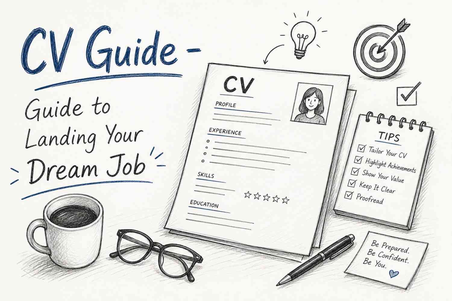CV Guide – Guide to Landing Your Dream Job | RevisionTown – featured blog cover image showing a professional resume on a laptop with a clean desk setup