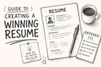 Winning resume guide feature image with professional resume layout and office desk setup