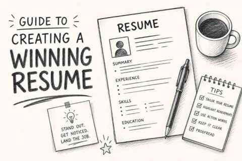 Winning resume guide feature image with professional resume layout and office desk setup