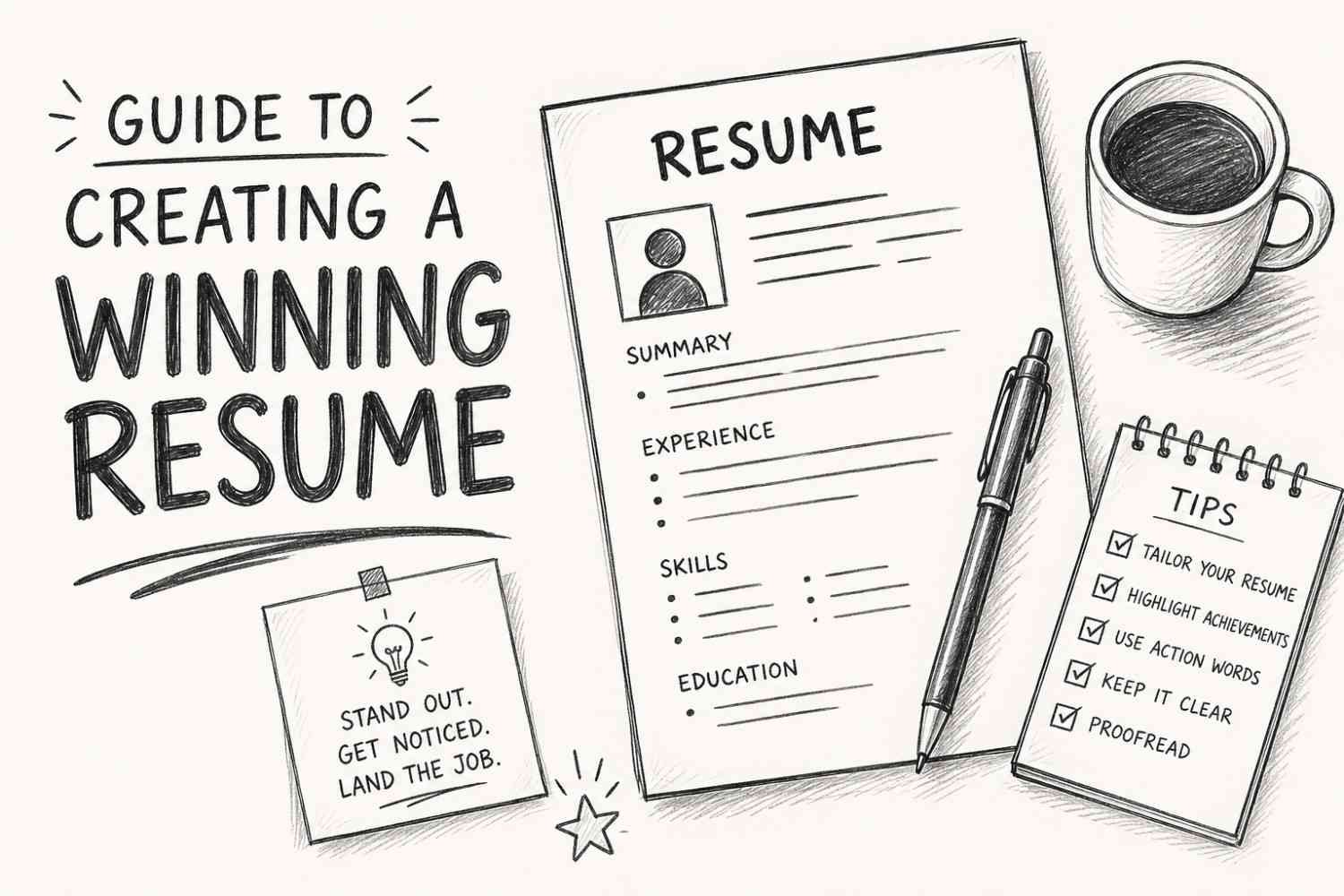 Winning resume guide feature image with professional resume layout and office desk setup