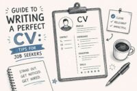 Guide to writing a perfect CV with professional resume layout on laptop and desk for job seekers