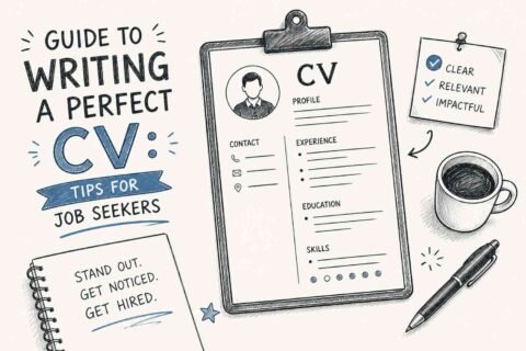 Guide to writing a perfect CV with professional resume layout on laptop and desk for job seekers