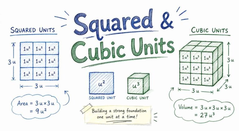 Illustration of squared and cubic units showing 2D square grid and 3D cube with cm² and cm³ labels for math learning
