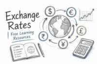 Exchange rates concept with world map, currency symbols, and financial graphs for learning resources