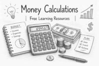 Money calculations learning concept with calculator charts and financial education resources by RevisionTown
