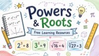 Powers and roots mathematics free learning resources RevisionTown educational illustration with equations and study icons