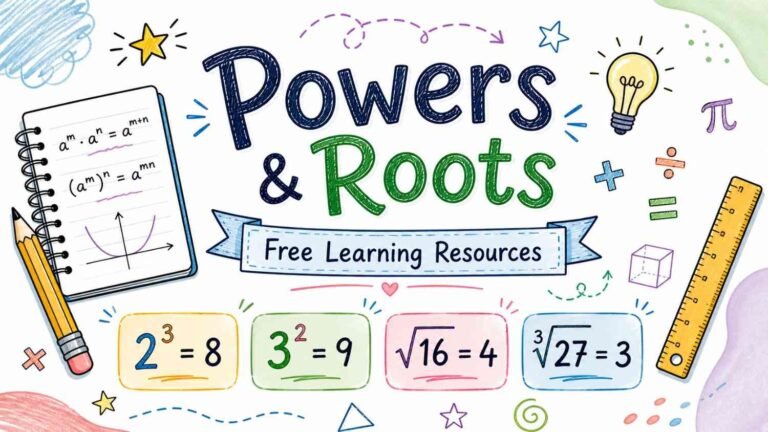 Powers and roots mathematics free learning resources RevisionTown educational illustration with equations and study icons