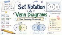 Set notation and Venn diagrams with labeled circles showing union, intersection, and elements in a clean educational design