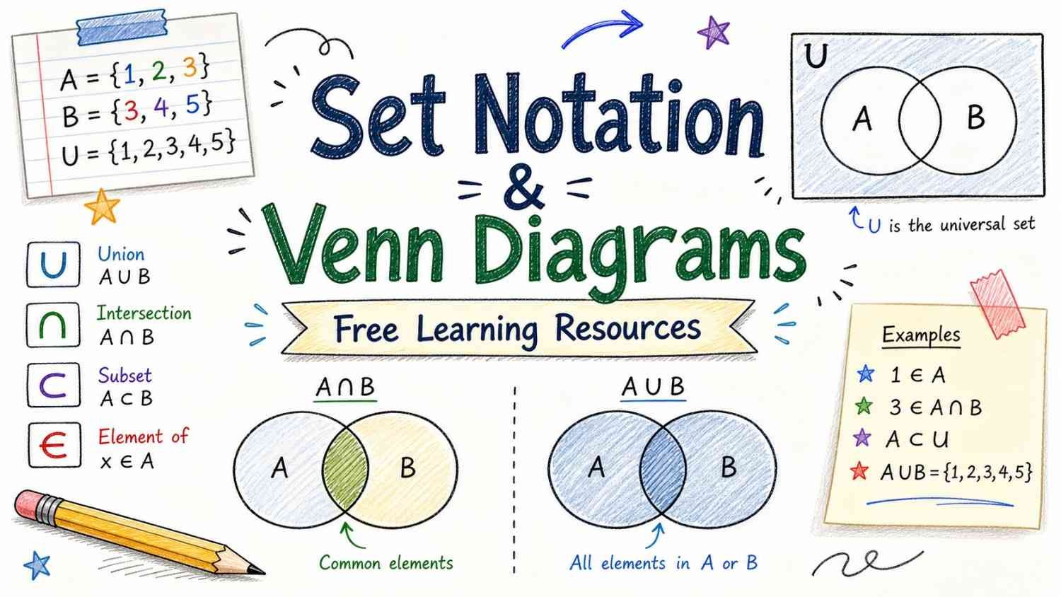 Set notation and Venn diagrams with labeled circles showing union, intersection, and elements in a clean educational design