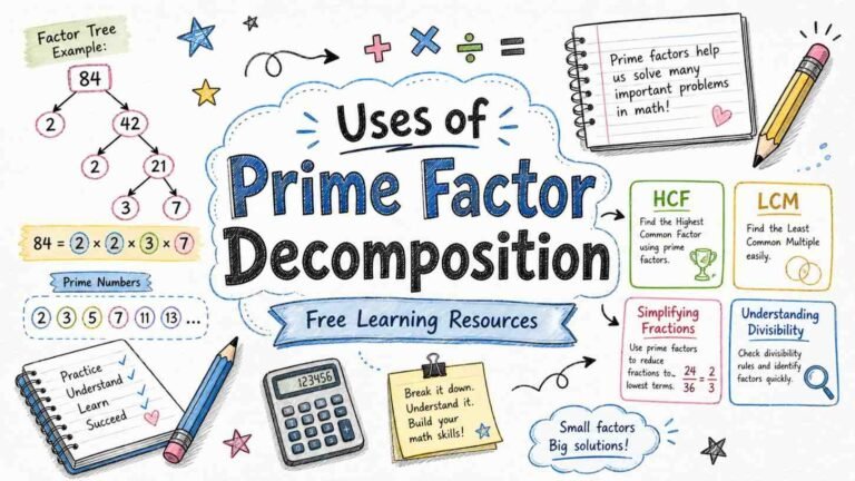Uses of prime factor decomposition explained with examples, factor tree diagram and math learning concept
