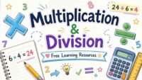 Multiplication and division concepts with math symbols for free learning resources by RevisionTown