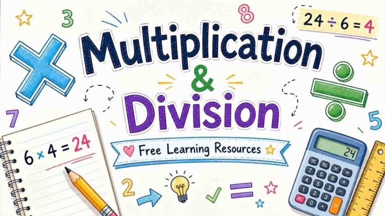 Multiplication and division concepts with math symbols for free learning resources by RevisionTown