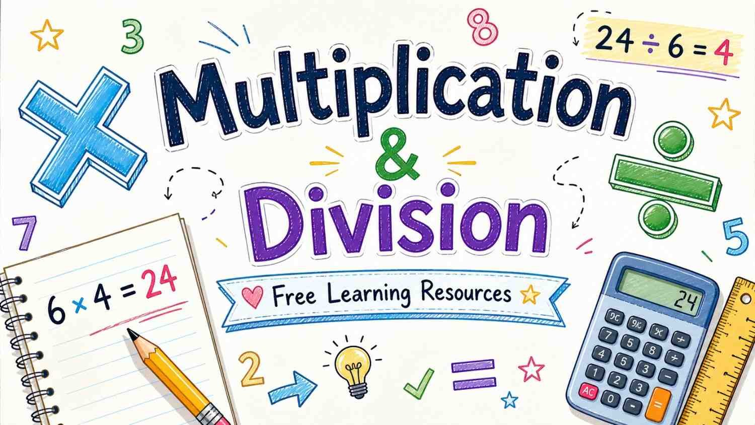 Multiplication and division concepts with math symbols for free learning resources by RevisionTown