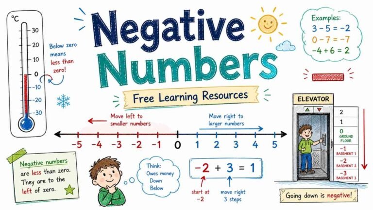 Negative numbers explained with number line from minus 10 to plus 10, math learning illustration for students