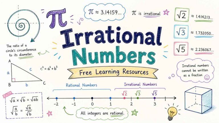 Irrational numbers concept illustration showing pi, square root of 2, and non-repeating decimals with modern educational design