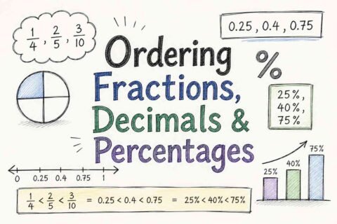 Ordering fractions decimals and percentages on a number line math concept for students