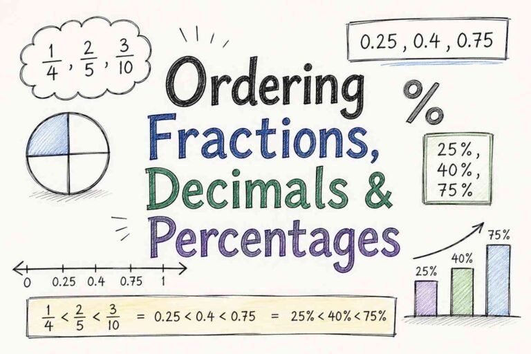 Ordering fractions decimals and percentages on a number line math concept for students